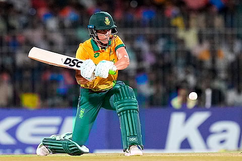 Marizanne Kapp plays a shot against India Women